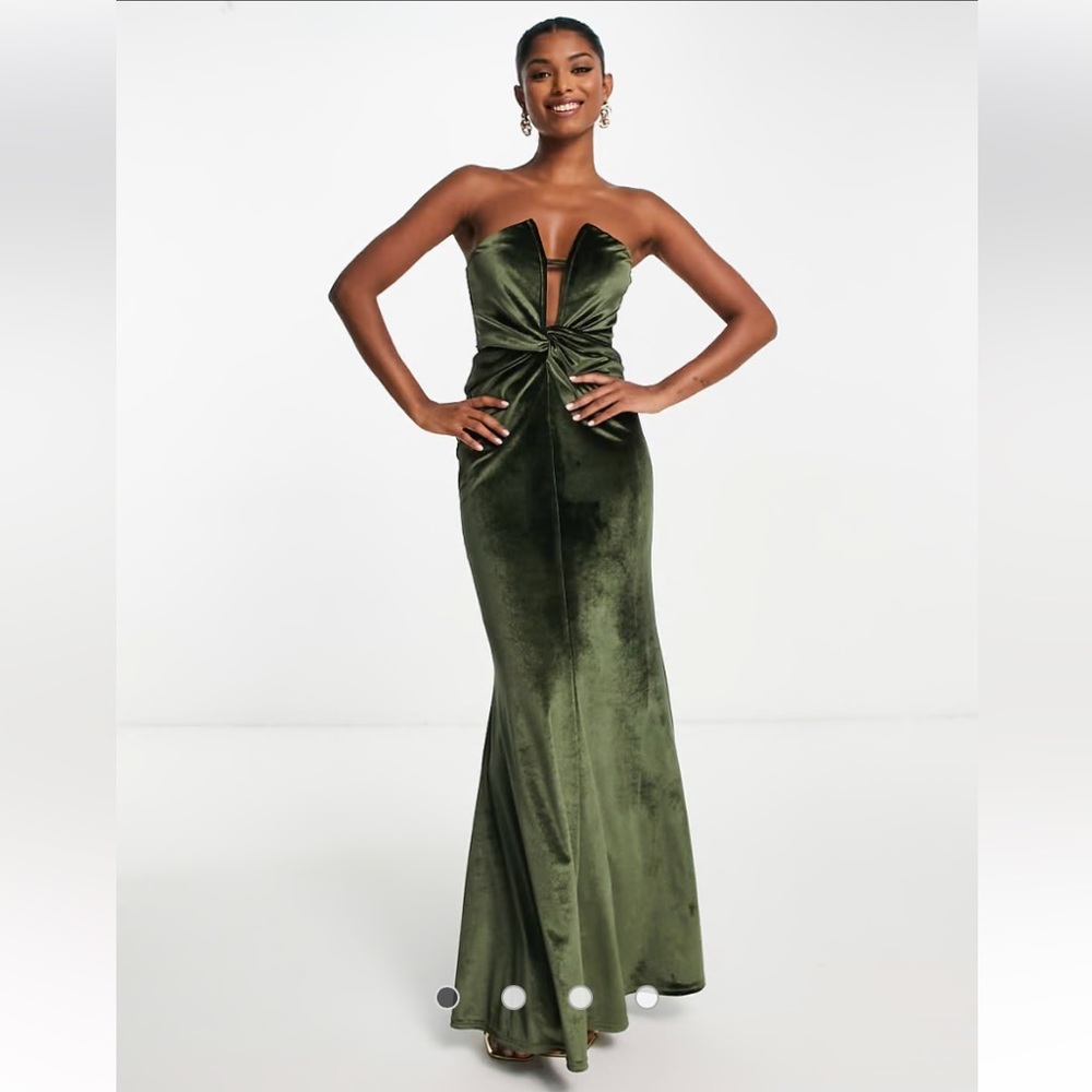 Sold Out ASOS NWOT front knot plunge v wire velvet maxi dress in olive